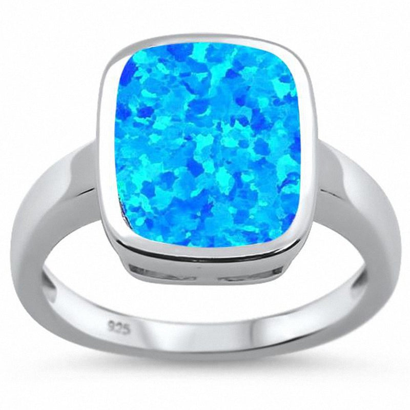 Solitaire Emerald Cut Ring Lab Created Opal Solid 925 Sterling Silver
