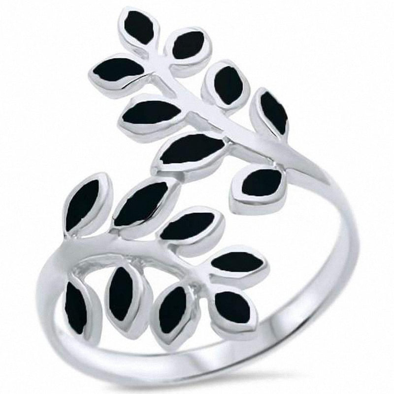 Bypass Wrap Design Leaf Ring Simulated Abalone 925 Sterling Silver