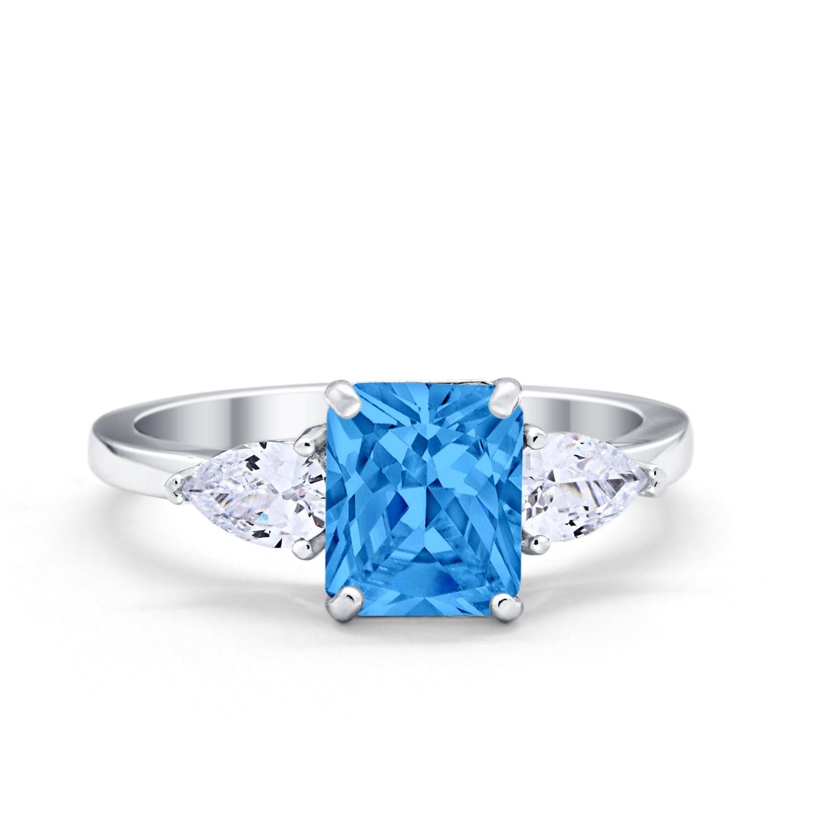 Three Stone Engagement Ring Teardrop Simulated Cubic Zirconia 925 Sterling Silver