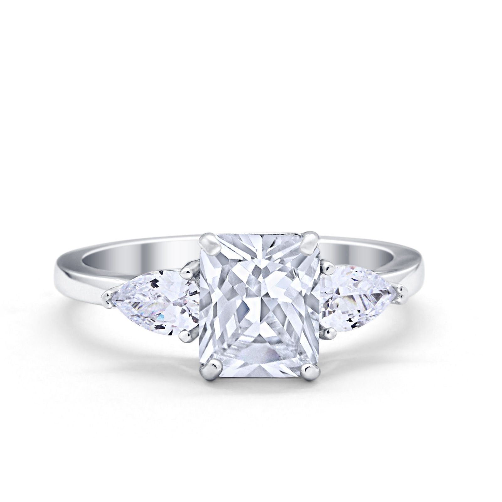 Three Stone Engagement Ring Teardrop Simulated Cubic Zirconia 925 Sterling Silver