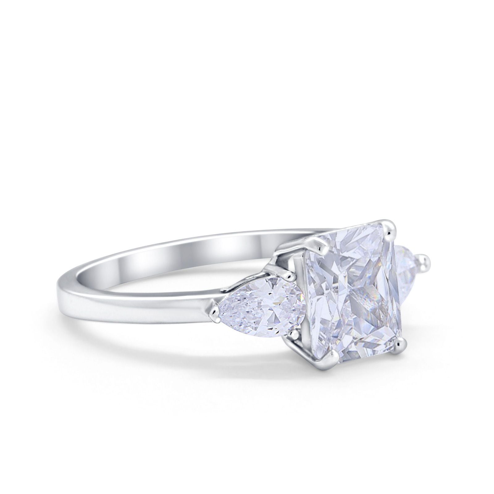 Three Stone Engagement Ring Teardrop Simulated Cubic Zirconia 925 Sterling Silver