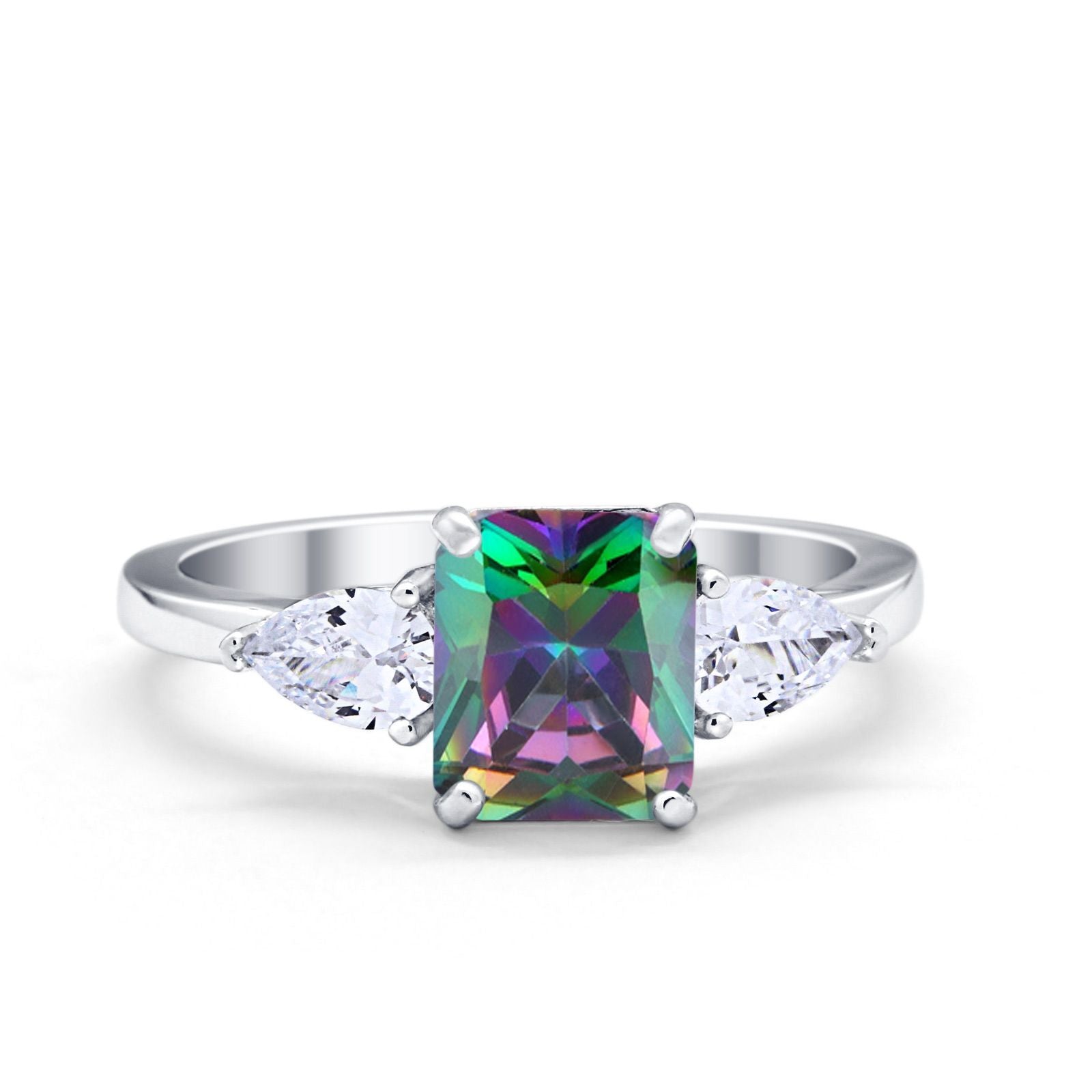 Three Stone Engagement Ring Teardrop Simulated Cubic Zirconia 925 Sterling Silver