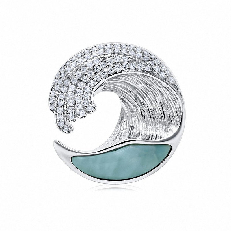 23mm Trendy Wave Pendant Simulated Larimar Round Cubic Zirconia 925 Sterling Silver