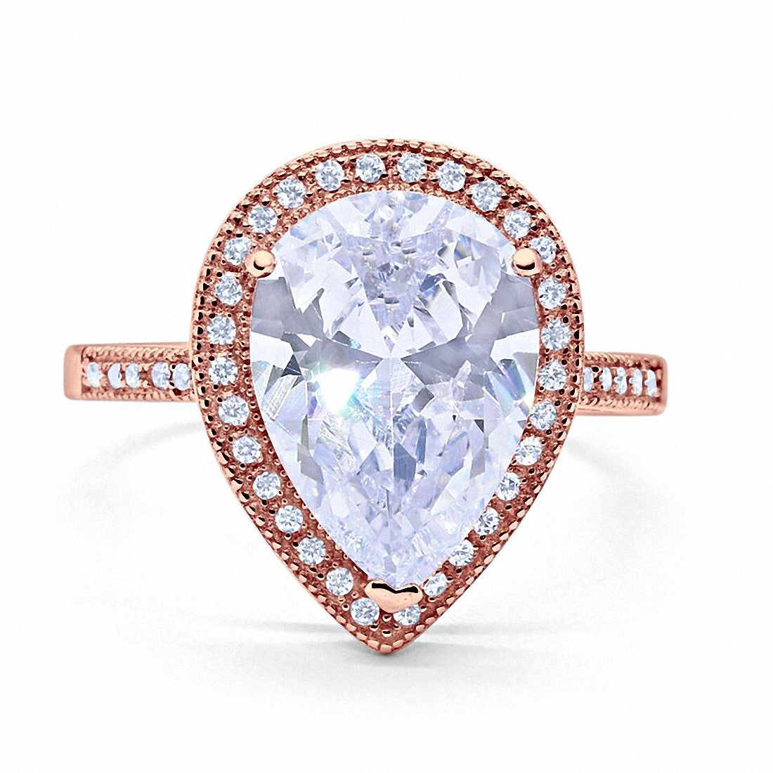 Teardrop Bridal Ring Halo Pear Round Cubic Zirconia 925 Sterling Silver Choose Color