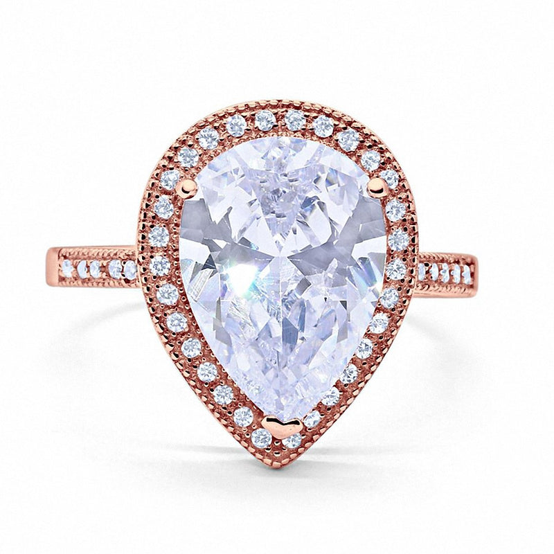 Teardrop Bridal Ring Halo Pear Round Cubic Zirconia 925 Sterling Silver Choose Color