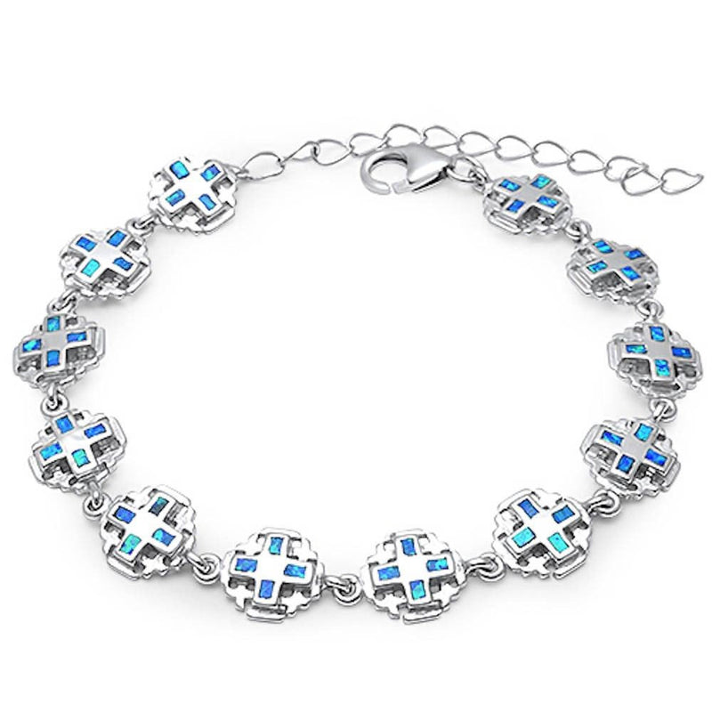 Blue Opal Cross Bracelet Solid 925 Sterling Silver Lab Blue Opal Crosses Bracelet 9" Religious Jewelry Cross - Blue Apple Jewelry