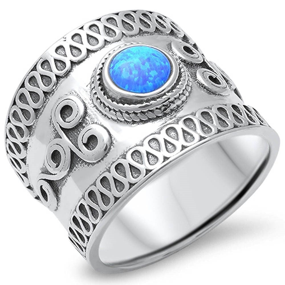 17mm Wide Bali Ring Band Solid 925 Sterling Silver Twisted Rope Round Lab Blue Opal Oxidized Antique Finish Simple Bali Band Bali Jewelry - Blue Apple Jewelry