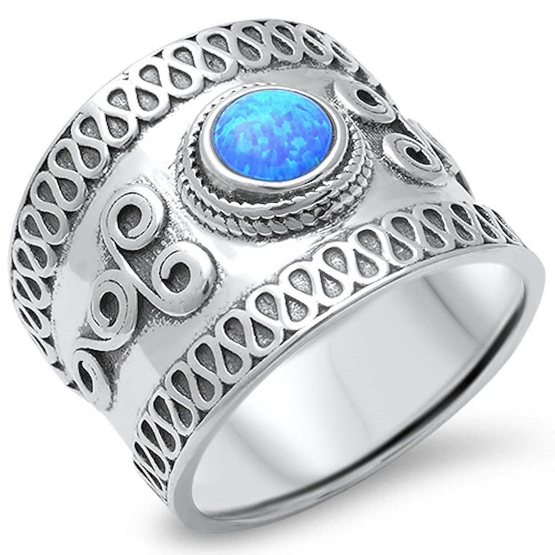 17mm Wide Bali Ring Band Solid 925 Sterling Silver Twisted Rope Round Lab Blue Opal Oxidized Antique Finish Simple Bali Band Bali Jewelry - Blue Apple Jewelry