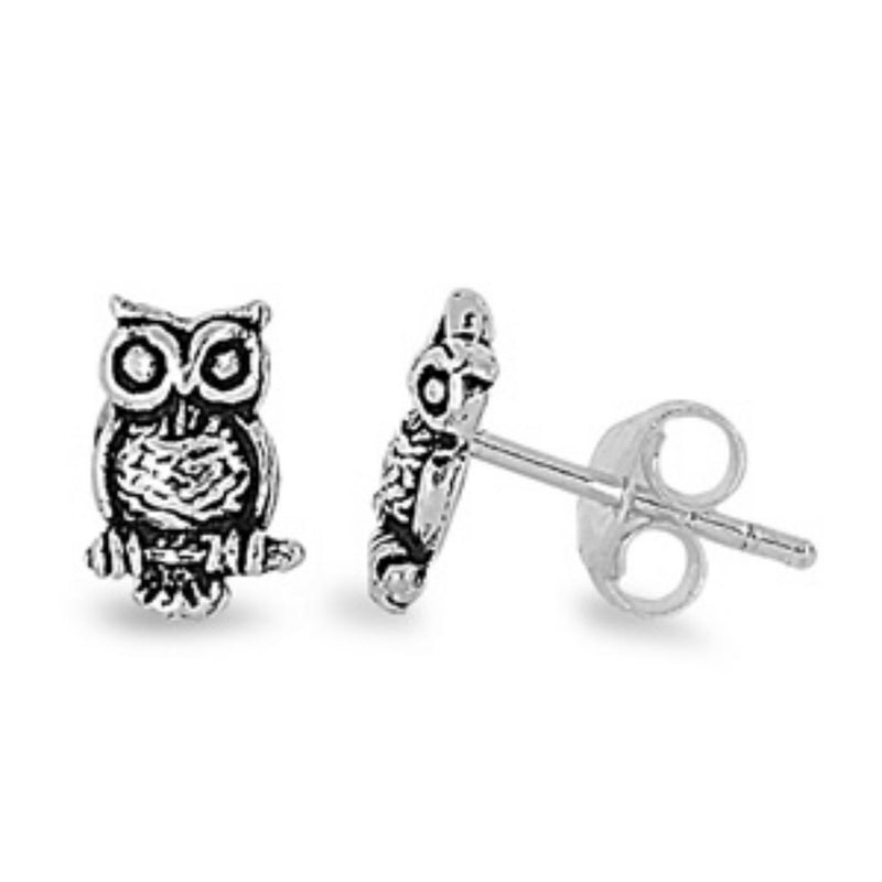 8mm Tiny Owl Stud Post Earring Solid 925 Sterling Silver Oxidized Owl Earrings, Good Luck Gift - Blue Apple Jewelry