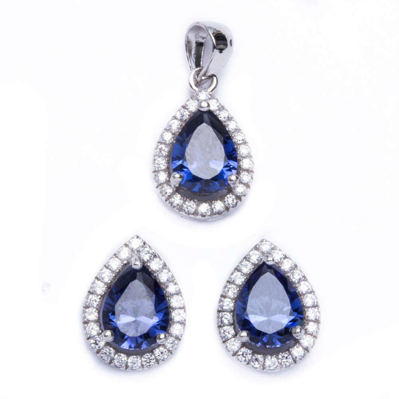 Halo Jewelry Set Halo Pendant Halo Stud Earrings Matching Set Teardrop Pear Shape Deep Blue Sapphire CZ Round Clear CZ 925 Sterling Silver - Blue Apple Jewelry
