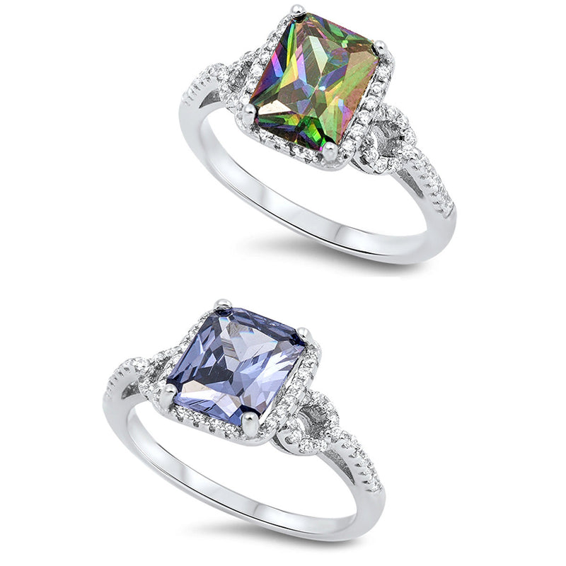 2.62 Carat Emerald Cut Mystic Rainbow Topaz Tanzanite Russian Ice CZ 925 Sterling Silver Wedding Engagement Anniversary Halo Ring Top Gift - Blue Apple Jewelry