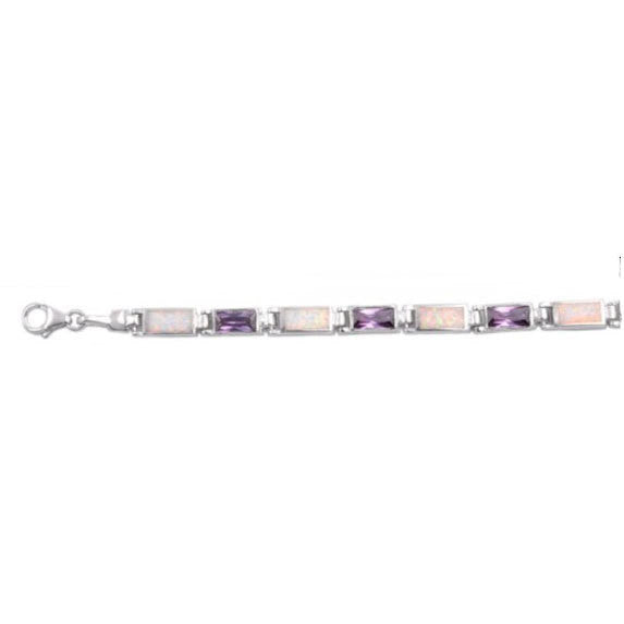 925 Sterling Silver Bracelet With Lab Opal Stone is White  lab Opal Width 6mm Baguette Amethyst CZ Excellent Fashion Girlfriend Wife Gift - Blue Apple Jewelry