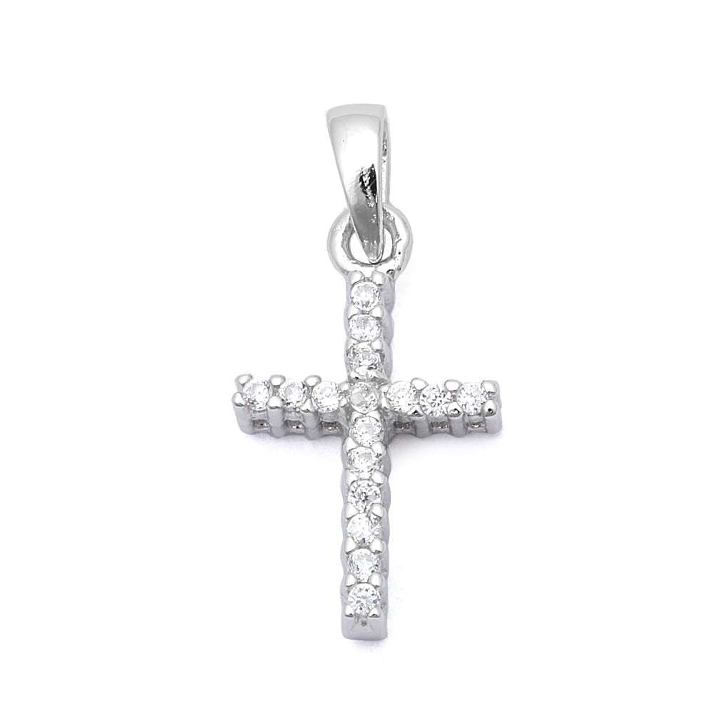 Petite Cross Pendant Solid 925 Sterling Silver Round Russian Diamond CZ Simple Cross Pendant Charm For necklace Religious Gift Cross Jewelry - Blue Apple Jewelry