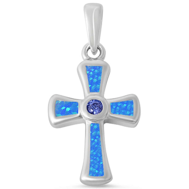 Bezel Set Round Tanzanite CZ Cross Pendant Lab Created Blue Opal Fire Opal Solid 925 Sterling Silver Blue Opal Cross Pendant Charm Gift - Blue Apple Jewelry