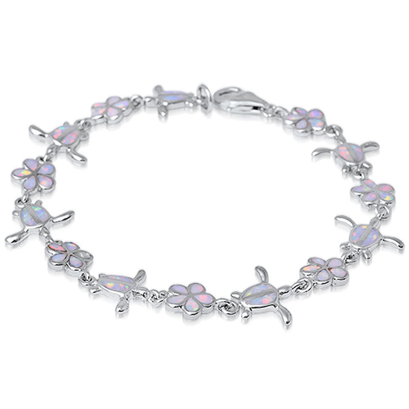 Turtle Plumeria Bracelet White Opal Solid 925 Sterling Silver 7.5" Nature Inspired Lab White Opal Bracelet Turtle Plumeria Flower Bracelet - Blue Apple Jewelry