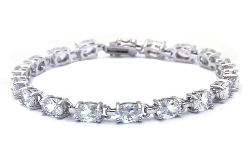 Ladies Classic Tennis Bracelet 13.5 Carat Oval Cut Clear Diamond CZ Solid 925 Sterling Silver Solitaire Engagement Tennis Bracelet