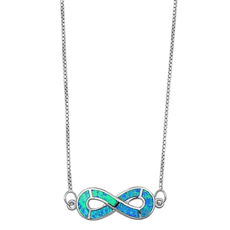 Infinity Necklace Blue Opal  Solid 925 Sterling Silver 18" Box Chain Crisscross Twisted Knot Lab Blue Opal Infinity Necklce Pendant - Blue Apple Jewelry