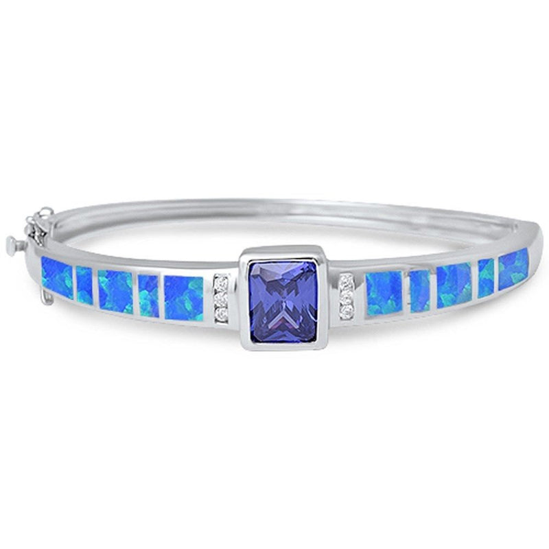 Bangle Bracelet Radiant Cut Tanzanite Round CZ Lab Blue Opal Solid 925 Sterling Silver Ladies Bangle Bracelet 12mm - Blue Apple Jewelry