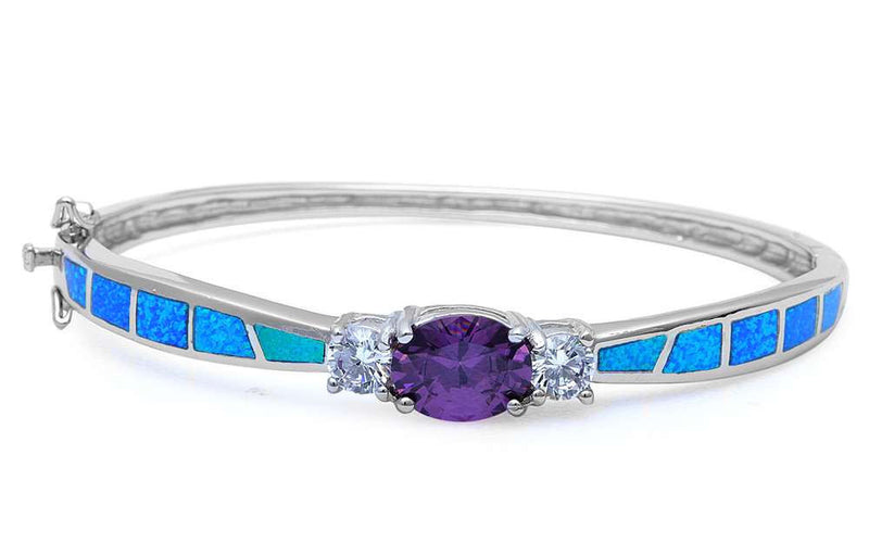 Three Stone Bangle 2.54 Carat Oval Cut Purple Amethyst Round Simulated CZ Lab Blue Opal Solid 925 Sterling Silver Bangle Bracelet - Blue Apple Jewelry