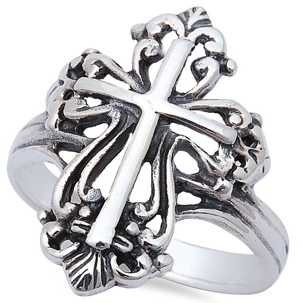 Cross Ring Filigree Cross Ring Art Deco Cross Ring Oxidized Antique Finish Cross Ring Solid 925 Sterling Silver Plain Simple Cross Ring - Blue Apple Jewelry