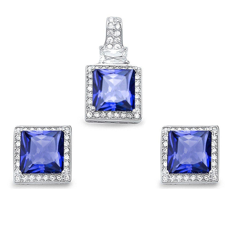 Halo Matching Set Halo Pendant Halo Stud Earrings Matching Set 9TCW Princess Cut Square Simulated Tanzanite Round Clear CZ Sterling Silver - Blue Apple Jewelry