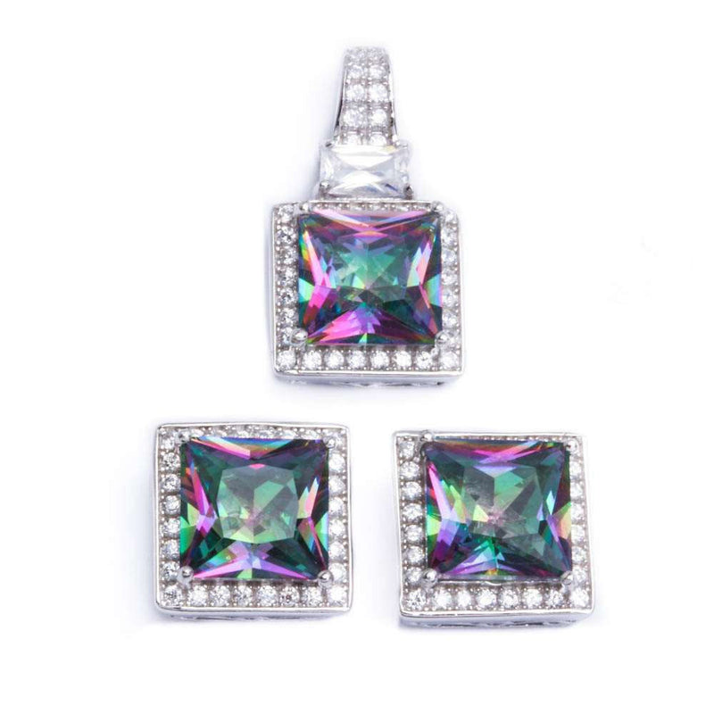Halo Matching Set Halo Pendant Halo Stud Earrings Matching Set 9TCW Princess Cut Square Mystic Rainbow Topaz Round Clear CZ Sterling Silver - Blue Apple Jewelry