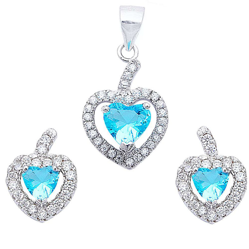 Halo Matching Set Halo Pendant Halo Stud Earrings Matching Set Heart Shape Blue Zircon Swiss Blue Topaz CZ Round Clear CZ Sterling Silver - Blue Apple Jewelry