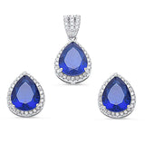 Halo Pendant Halo Stud Earrings Matching Set Teardrop Pear Shape Deep Blue Sapphire CZ Round Clear CZ 925 Sterling Silver