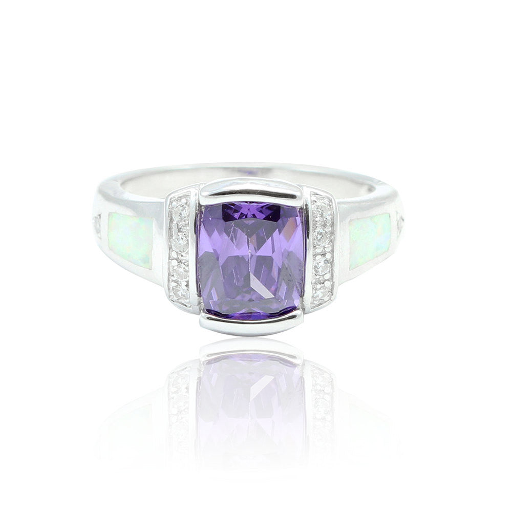 1.50 Carat Emerald Cut Purple Amethyst Round Clear CZ Accent Lab White Opal Solid 925 Sterling Silver Wedding Engagement Ring Heart - Blue Apple Jewelry