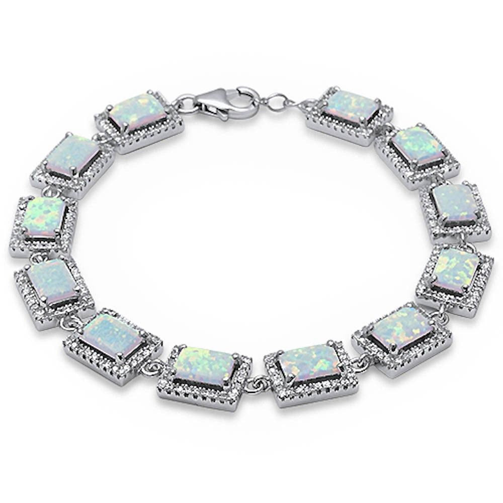 7.5" Tennis Bracelet Halo Bracelet Emerald Cut Radiant Cut Lab White Opal Round Clear White CZ 925 Sterling Silver Halo Bracelet Bridal - Blue Apple Jewelry