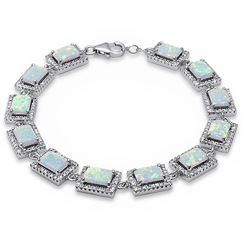 7.5" Tennis Bracelet Halo Bracelet Emerald Cut Radiant Cut Lab White Opal Round Clear White CZ 925 Sterling Silver Halo Bracelet Bridal - Blue Apple Jewelry