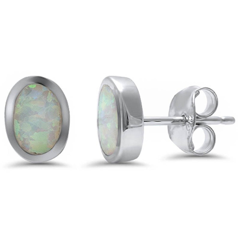Oval Earring Lab White Opal Solid 925 Sterling Silver - Blue Apple Jewelry