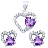 Pendant Stud Earrings Matching Set Heart Simulated Purple Amethyst CZ 925 Sterling Silver