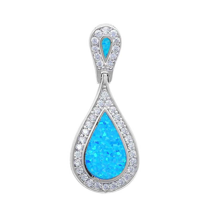 1.5" Teardrop Pendant Halo Pendant Charm Solid 925 Sterling Silver Pear Shape Lab Blue Opal Round Clear CZ - Blue Apple Jewelry