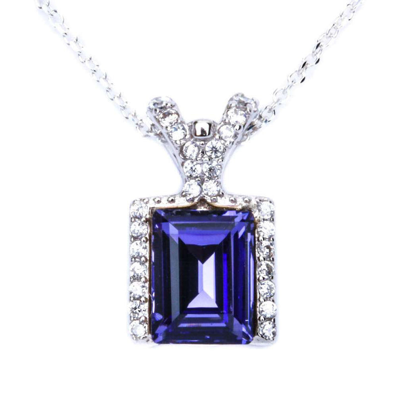 2.00 Carat Baguette Cut Simulated Tanzanite Round Clear CZ Accent Solid 925 Sterling Silver Halo Pendant Charm Designer Item - Blue Apple Jewelry