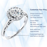 14K Gold IGI Certified Round 2 Carat Lab Grown Diamond Art Deco Halo Filigree Ring