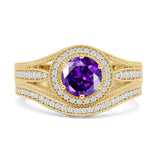 Two Piece Round Halo Split Shank Beaded Gold Ring