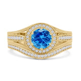 Two Piece Round Halo Split Shank Beaded Gold Ring