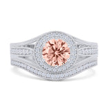 Two Piece Round Halo Split Shank Beaded Gold Ring