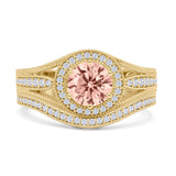 Two Piece Round Halo Split Shank Beaded Gold Ring