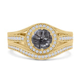 Two Piece Round Halo Split Shank Bridal Gold Ring