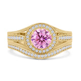 Two Piece Round Halo Split Shank Beaded Gold Ring