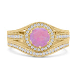 Two Piece Round Halo Split Shank Beaded Gold Ring