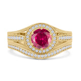 Two Piece Round Halo Split Shank Beaded Gold Ring