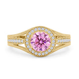 Round Halo Split Shank Beaded Gold Ring