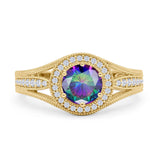 Round Halo Split Shank Beaded Gold Ring