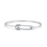 14K Gold 7In Safety Pin Bangle Bracelet 2.02mm Round Natural Diamond