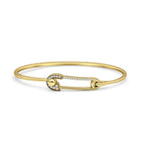 14K Gold 7In Safety Pin Bangle Bracelet 2.02mm Round Natural Diamond