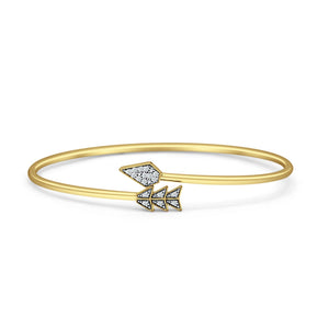 14K Gold Arrow Feather Cuff 2.06mm Adjustable Bangle Bracelet Natural Diamond