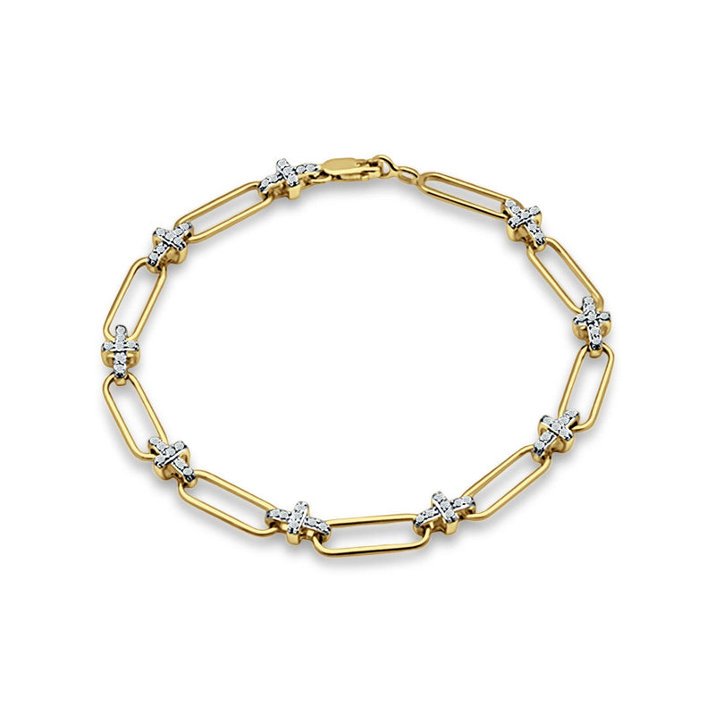 14K Gold Paperclip Style Cross Design Round Natural Diamond Bracelet